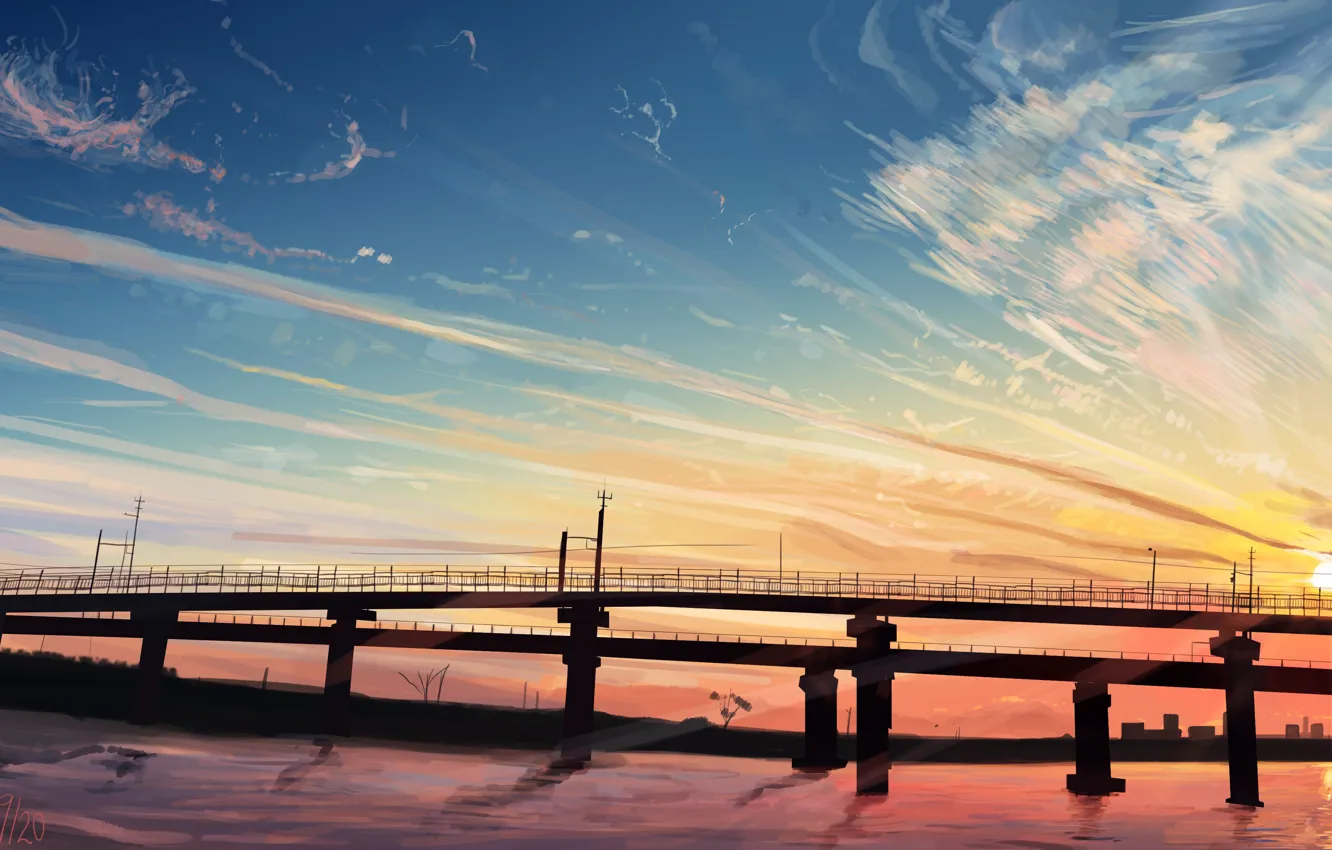 Photo wallpaper water, sunset, bridge, nature