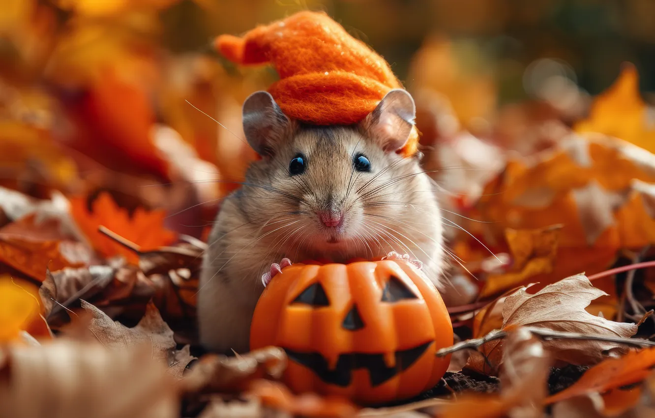 Photo wallpaper autumn, look, pose, holiday, hamster, mouse, pumpkin, Halloween