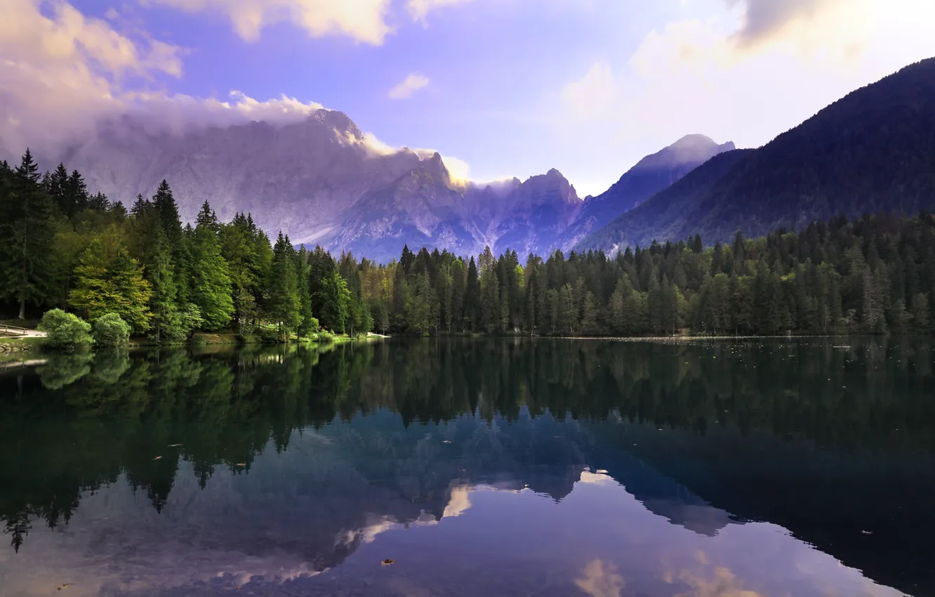 Photo wallpaper landscape, mountains, nature, lake, reflection, Alps, forest