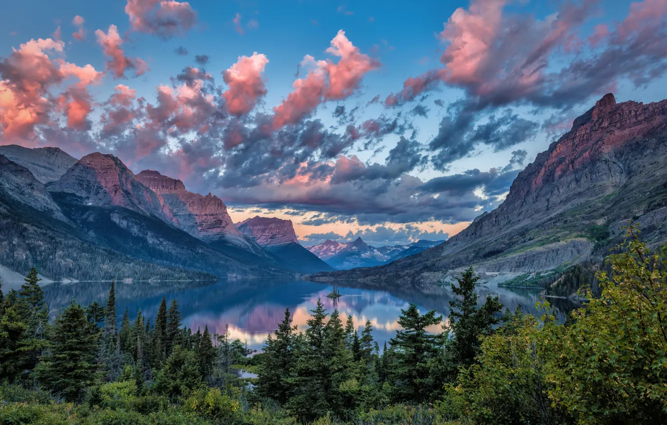 Photo wallpaper mountains, lake, island, Montana, USA, Saint Mary Lake, Glacier national Park, Wild Goose Island