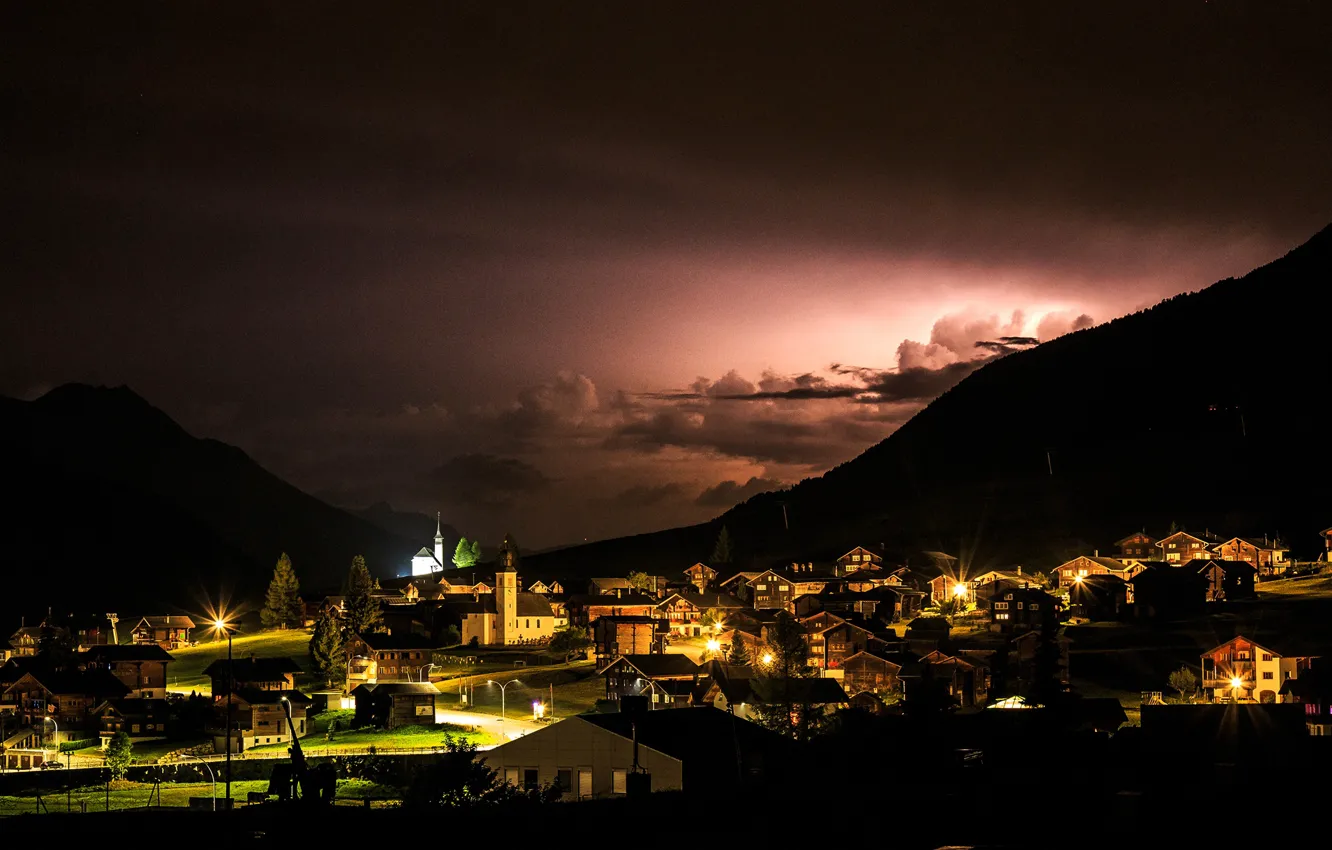Photo wallpaper the sky, clouds, trees, mountains, night, lights, home, Switzerland