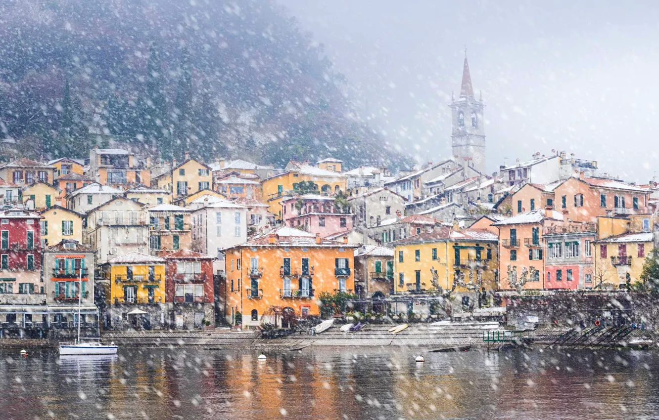Photo wallpaper snow, home, Italy, lake Como, Varenna