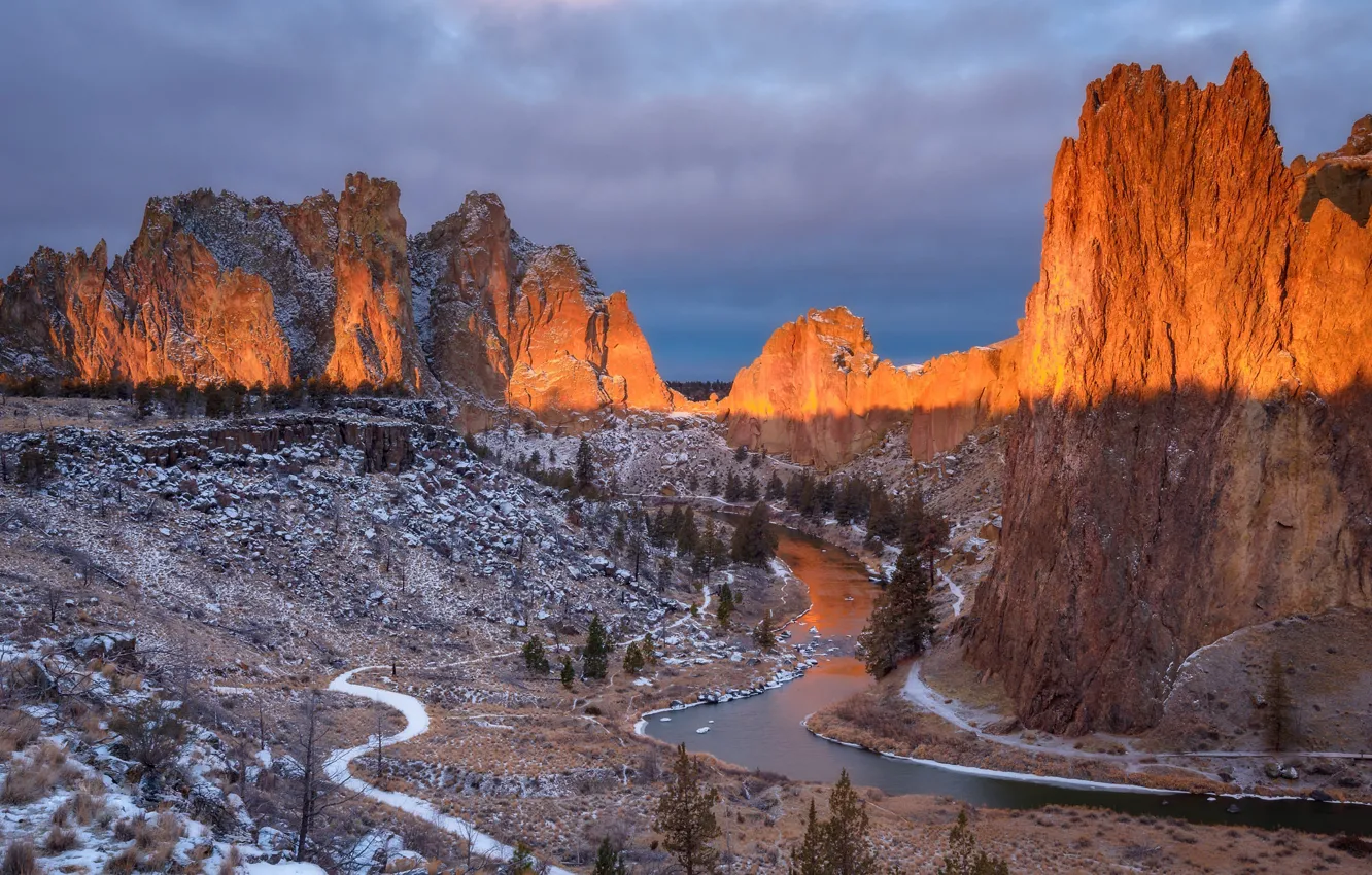 Photo wallpaper light, snow, mountains, river, stones, rocks, the evening, morning
