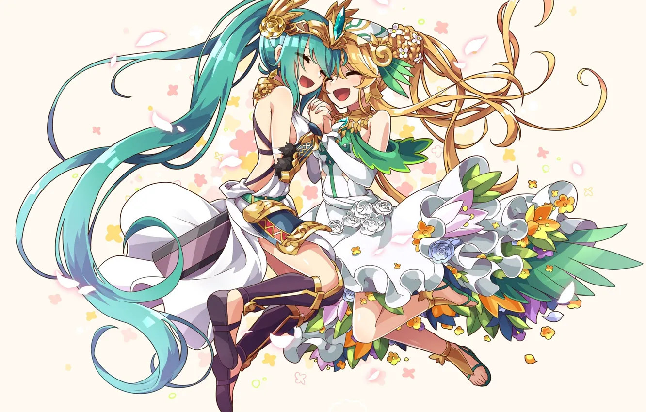 Photo wallpaper joy, elf, petals, costume, vocaloid, hatsune miku, shoulders, white dress