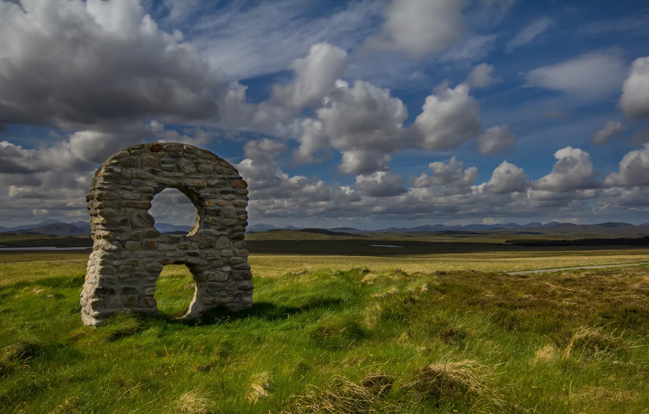 Photo wallpaper field, the sky, grass, clouds, stones, hills, brick, Scotland