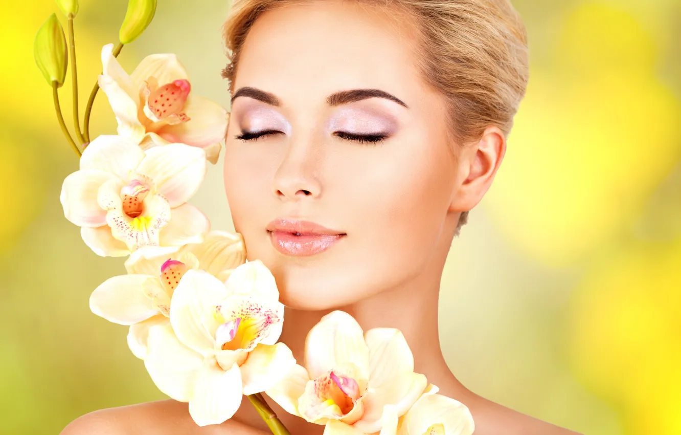 Photo wallpaper eyes, girl, flowers, face, lips