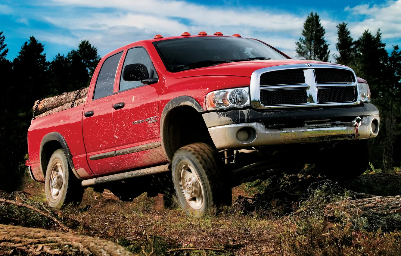 Photo wallpaper forest, the sky, trees, red, dirt, jeep, SUV, Dodge