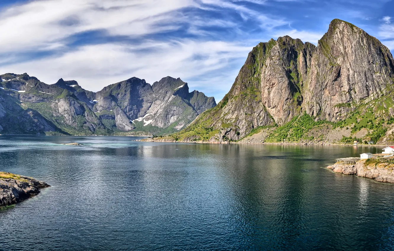 Photo wallpaper mountains, the fjord, rorbu