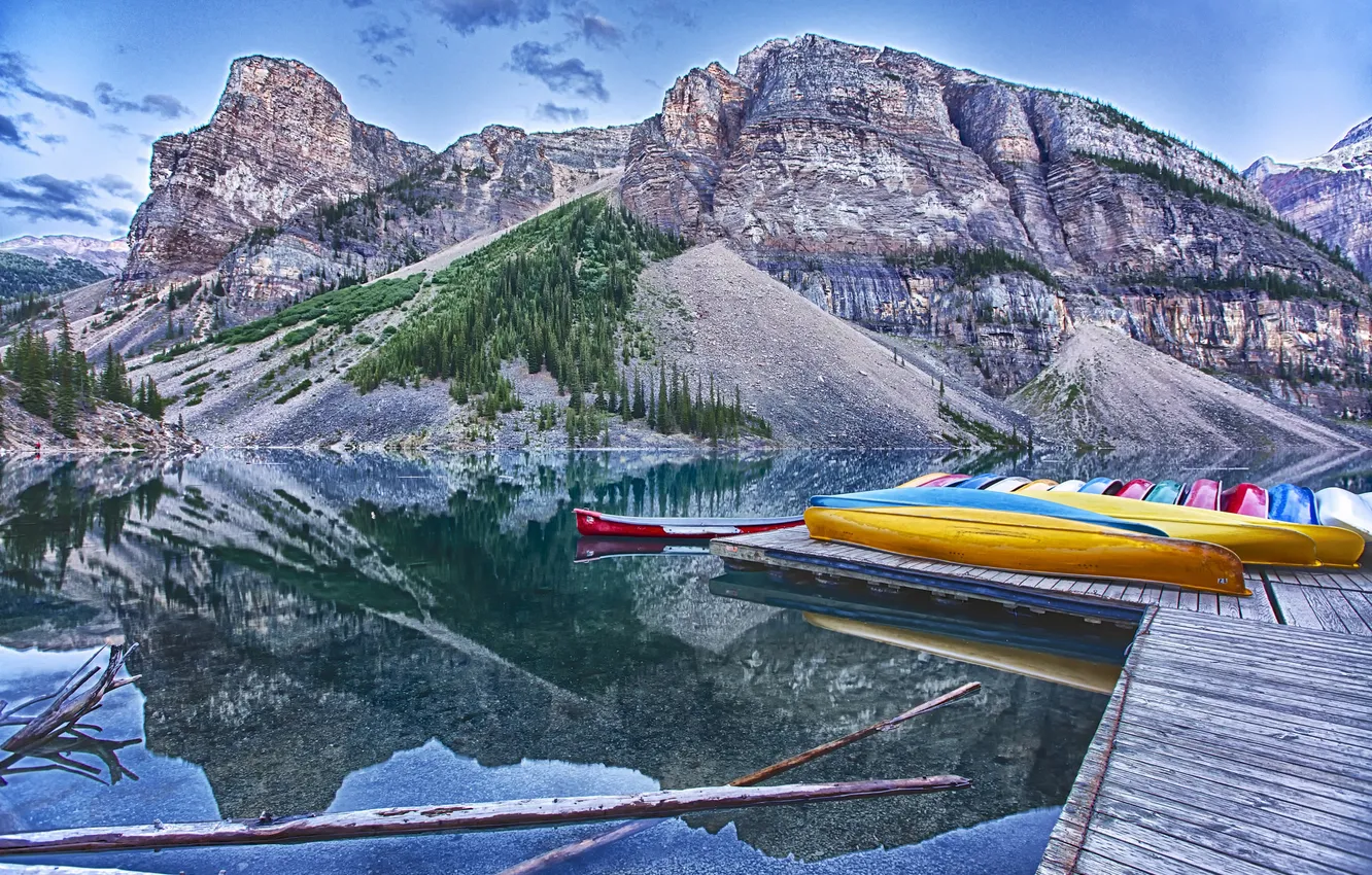 Wallpaper trees, mountains, lake, boat, pier, Canada, Albert, Canoeing ...