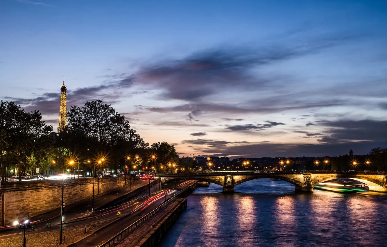 Photo wallpaper the city, river, France, Paris, the evening, hay, Eiffel tower, Paris