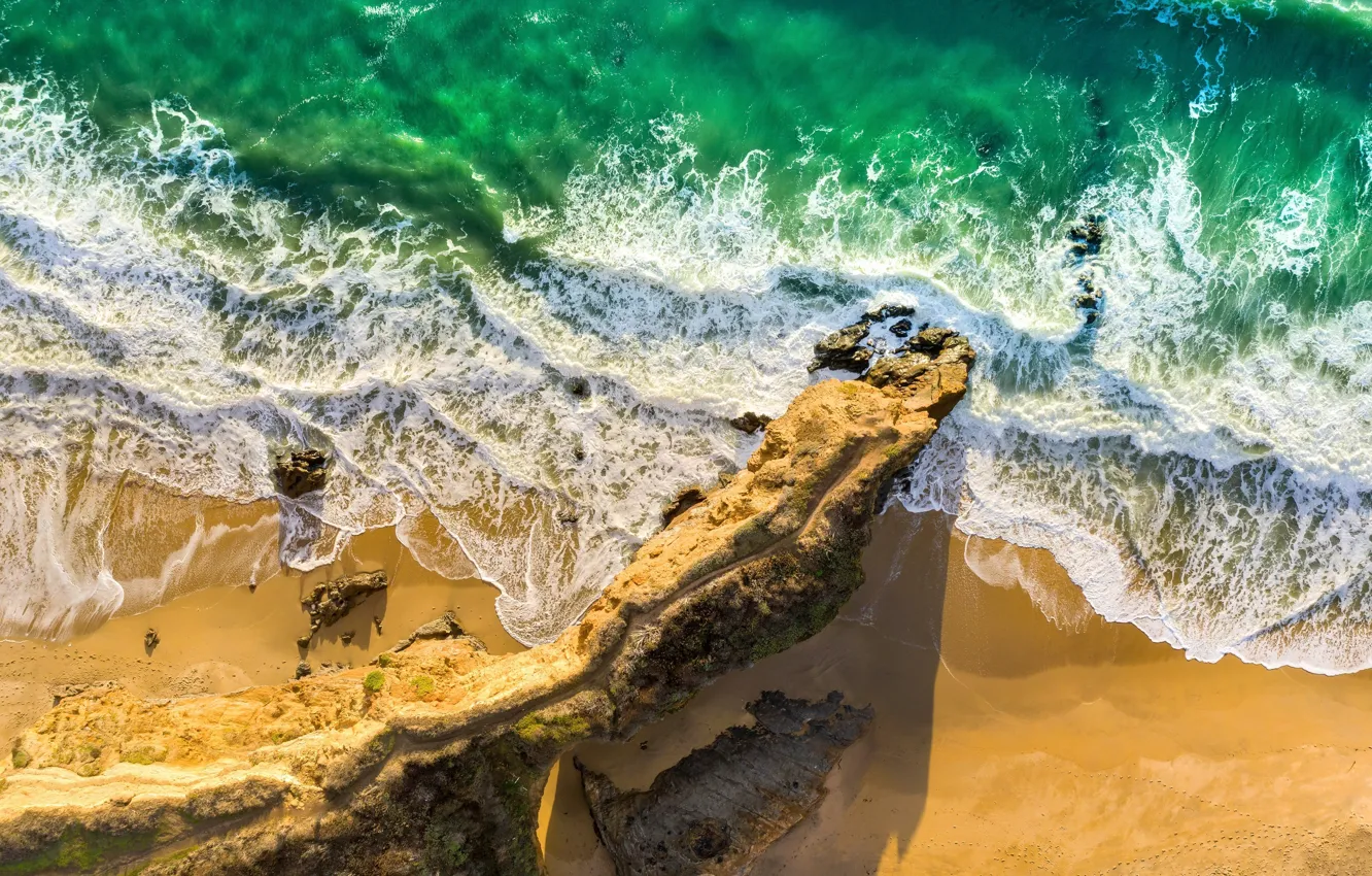 Photo wallpaper aerial view, beach, sea, sand, tide, waves