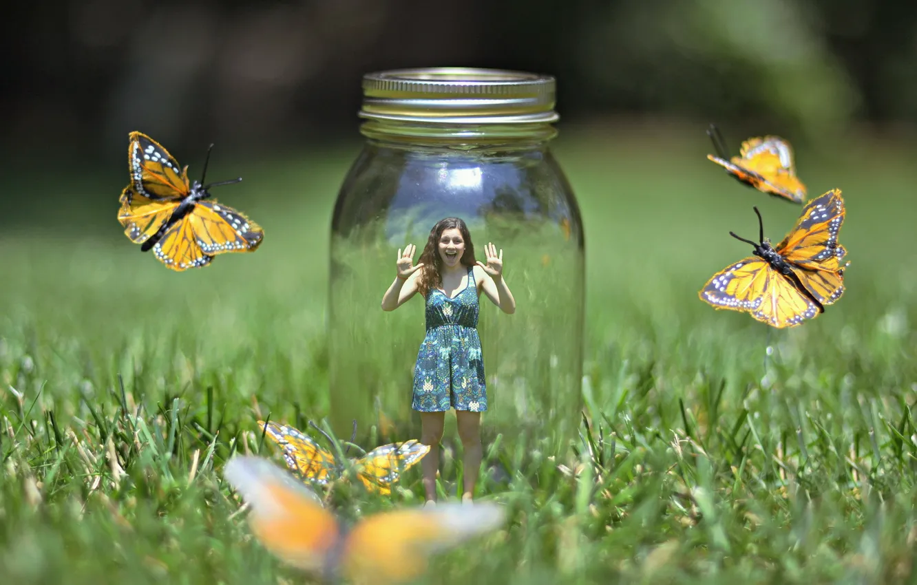 Photo wallpaper girl, butterfly, nature, the situation, Bank