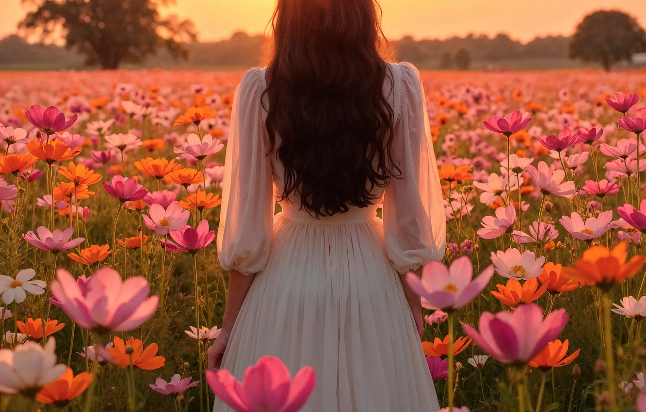 Photo wallpaper girl, clouds, flowers, dawn, hair, back, digital art, AI art