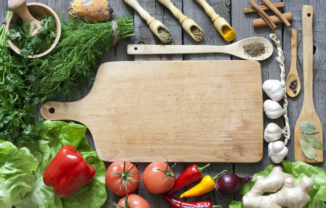 Photo wallpaper greens, Board, pepper, vegetables, tomatoes, salad, spices