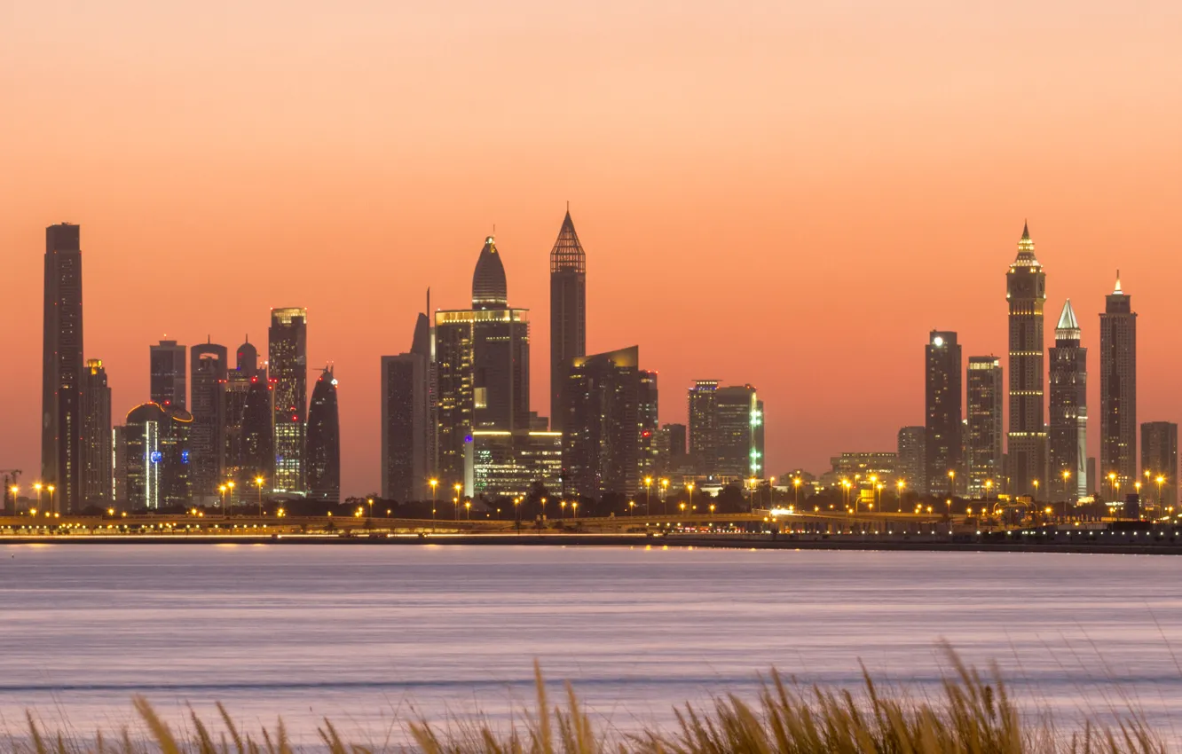 Photo wallpaper Dubai, sunset, skyscrapers