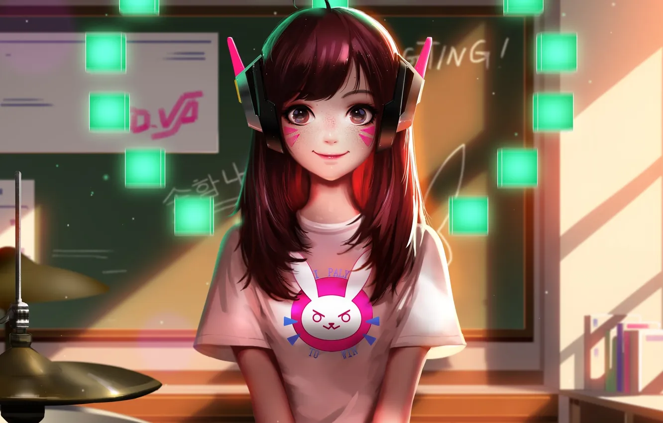 Photo wallpaper artwork, Schoolgirl, Overwatch, DVA