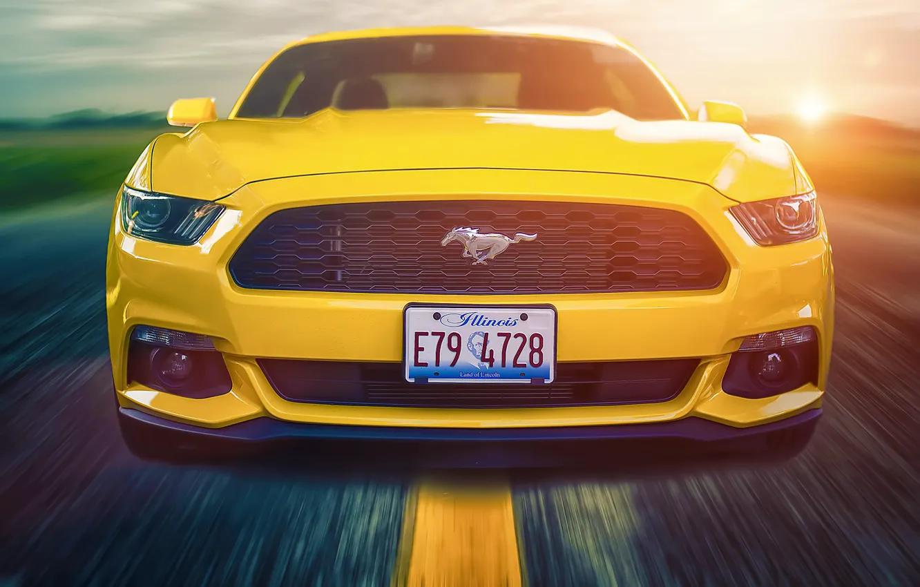 Photo wallpaper Mustang, Ford, Muscle, Car, Front, Sun, Yellow, Road