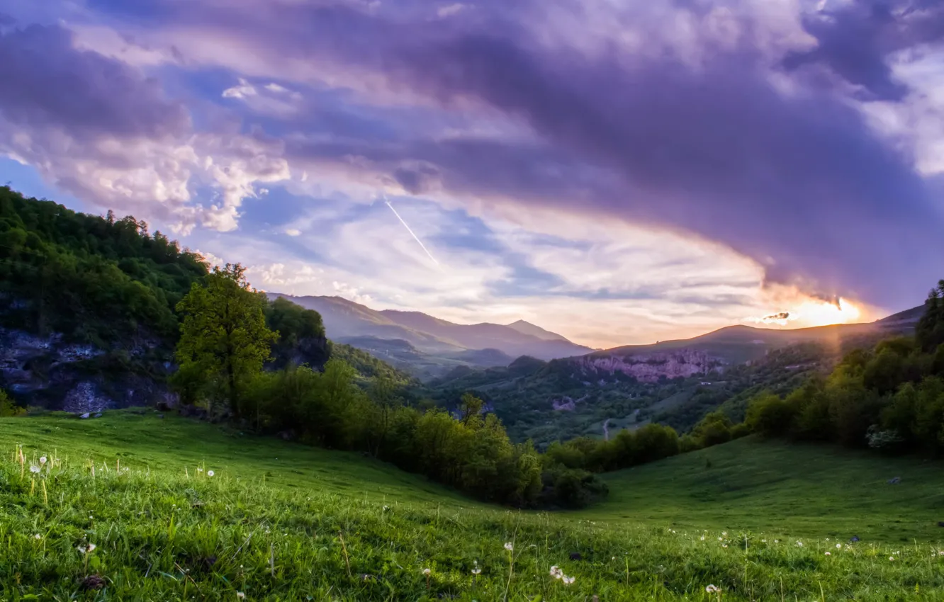 Photo wallpaper greens, the sky, grass, clouds, trees, landscape, sunset, mountains