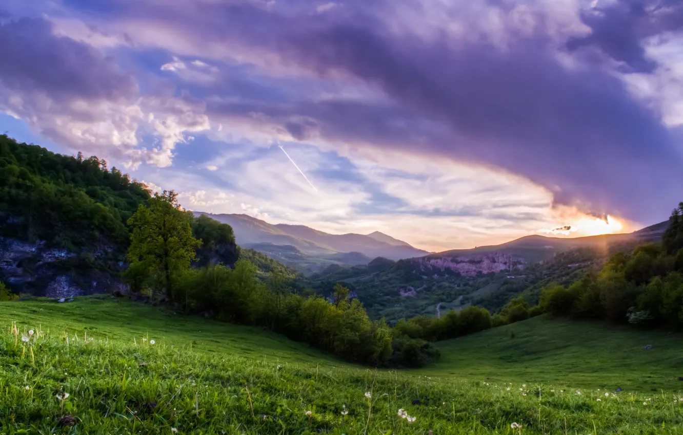 Photo wallpaper greens, the sky, grass, clouds, trees, landscape, sunset, Mountains