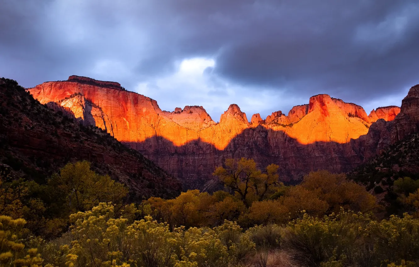 Photo wallpaper autumn, the sky, light, trees, sunset, mountains, clouds, rocks