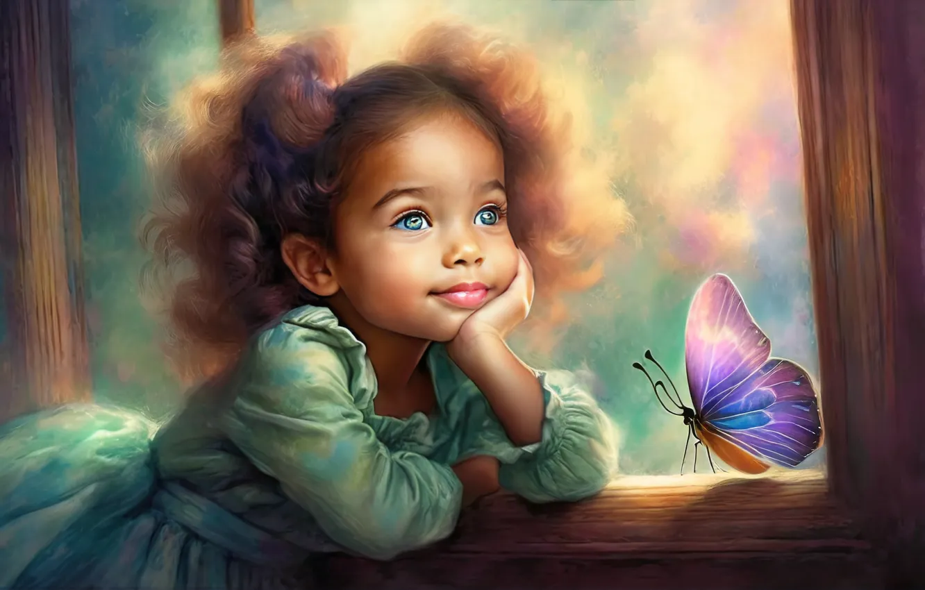 Photo wallpaper children, butterfly, girl, AI art, neural network