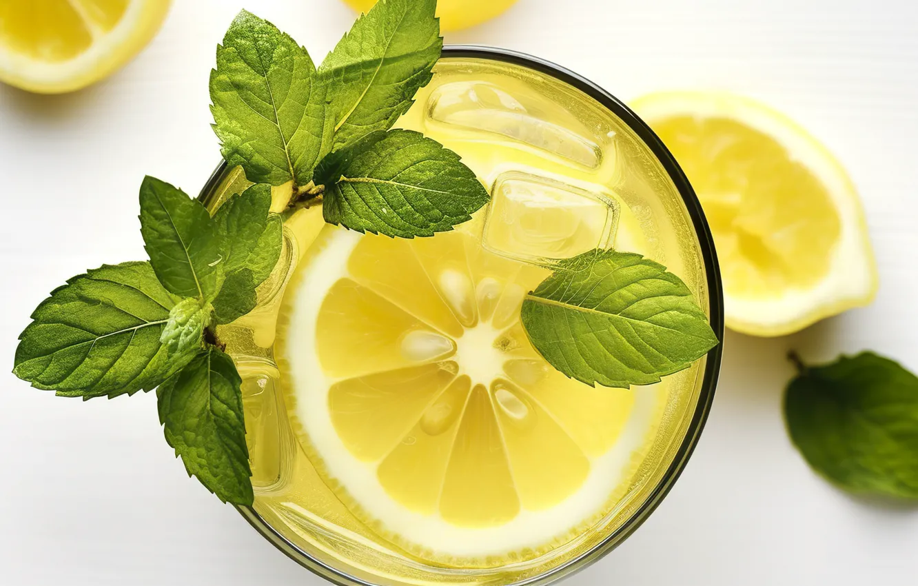 Photo wallpaper leaves, glass, lemon, glass, white background, citrus, drink, mint