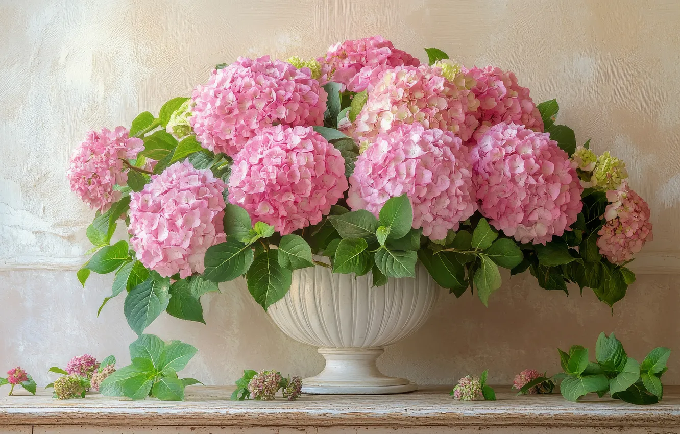 Photo wallpaper flowers, bouquet, vase, pink, hydrangea, AI art, neural network