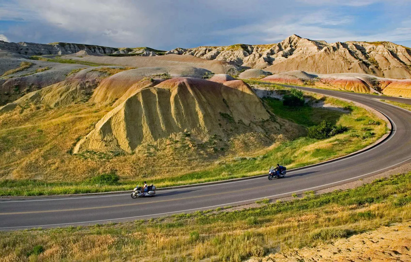 Photo wallpaper road, mountains, USA, biker, South Dakota