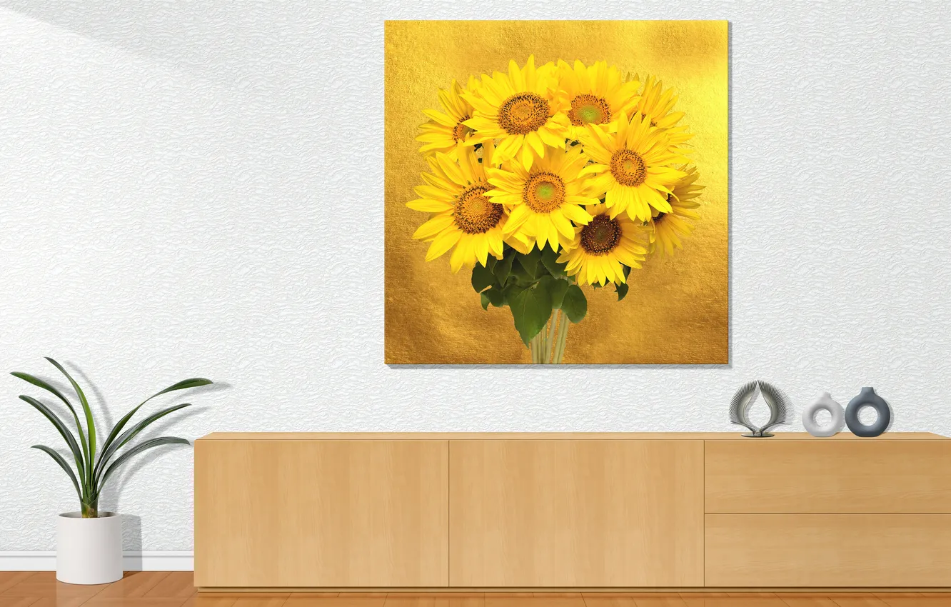 Photo wallpaper living room, vase, sunflowers, pot, Sideboard, picture frame