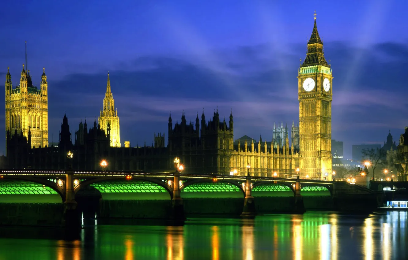 Photo wallpaper night, bridge, lights, river, England, London