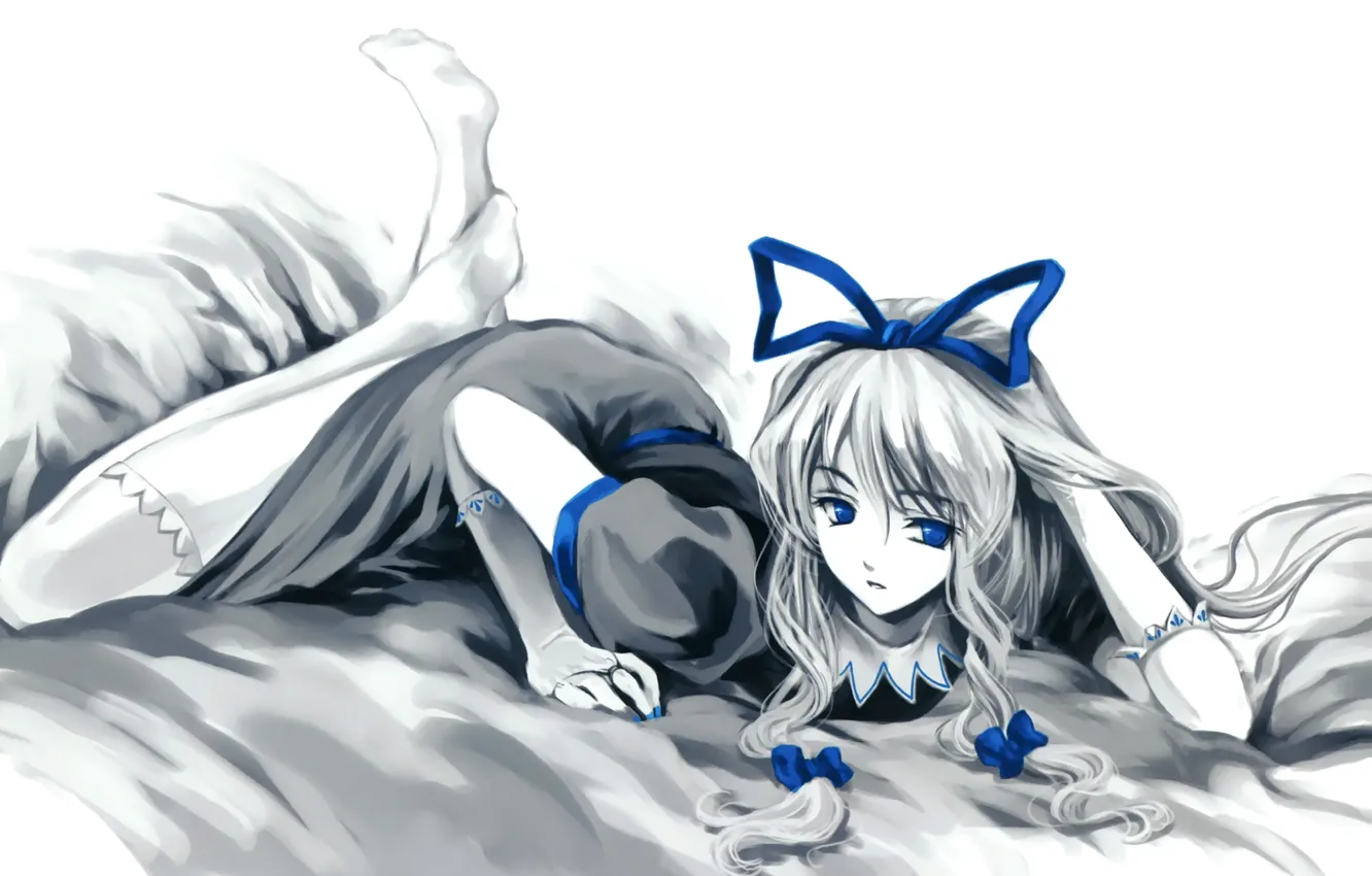 Photo wallpaper girl, blue, tape, black and white, figure, stockings, lies, touhou