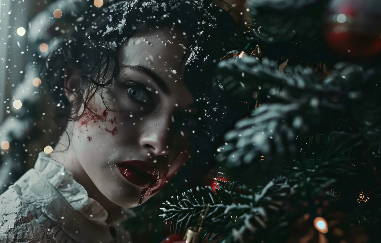 Photo wallpaper girl, snow, blood, tree, new year, Christmas, Christmas tree, digital art