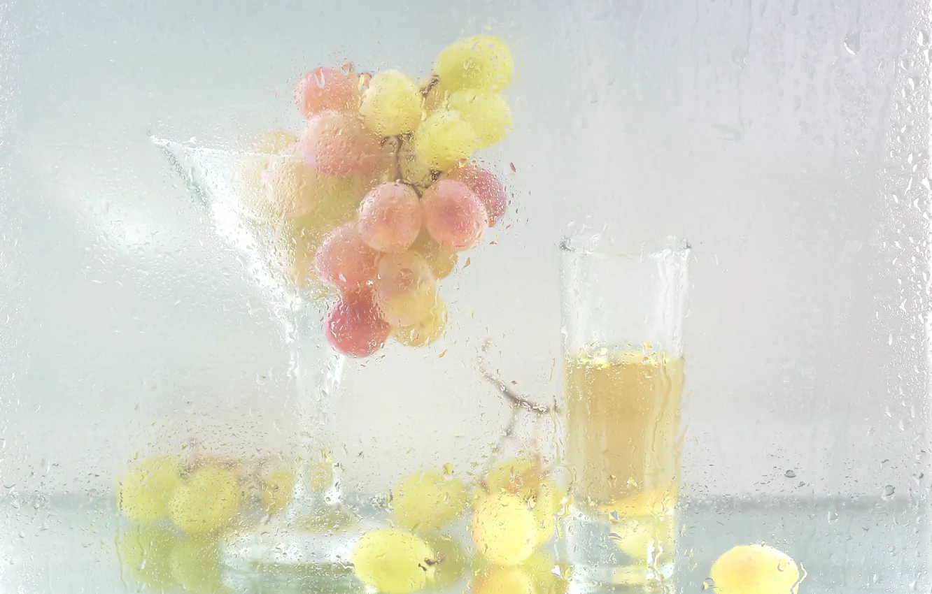 Photo wallpaper glass, drops, transparent, glass, rain, window, grapes, still life