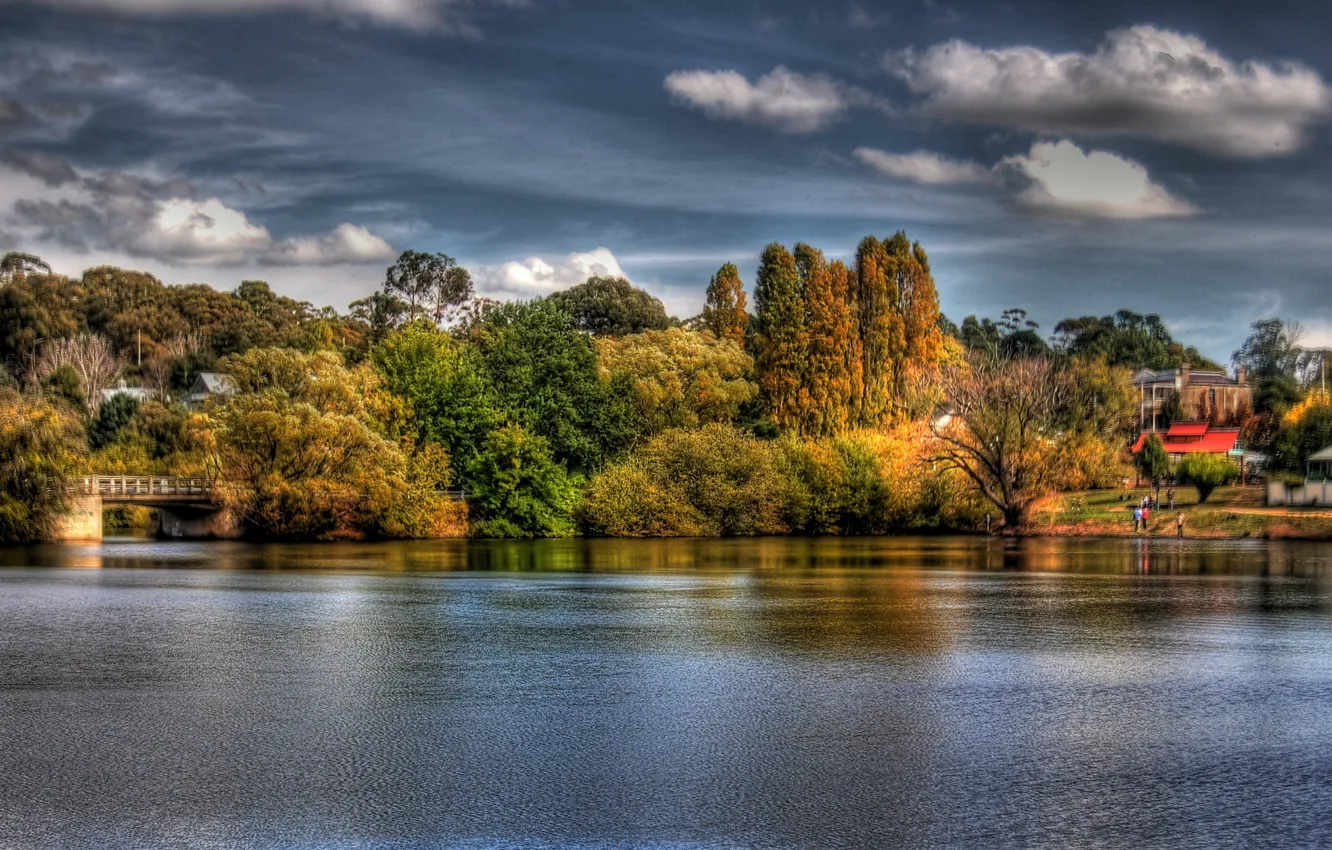 Photo wallpaper autumn, the sky, clouds, trees, nature, lake, sky, trees