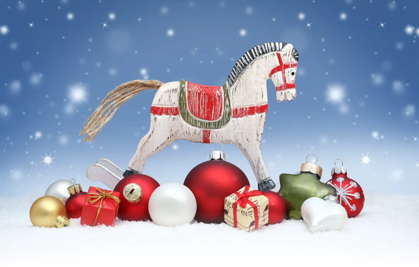 Photo wallpaper snow, decoration, balls, horse, toys, doll, gifts, New year