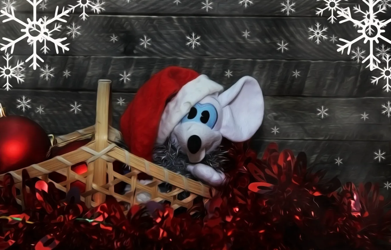 Photo wallpaper snowflakes, toy, rat, Christmas mood