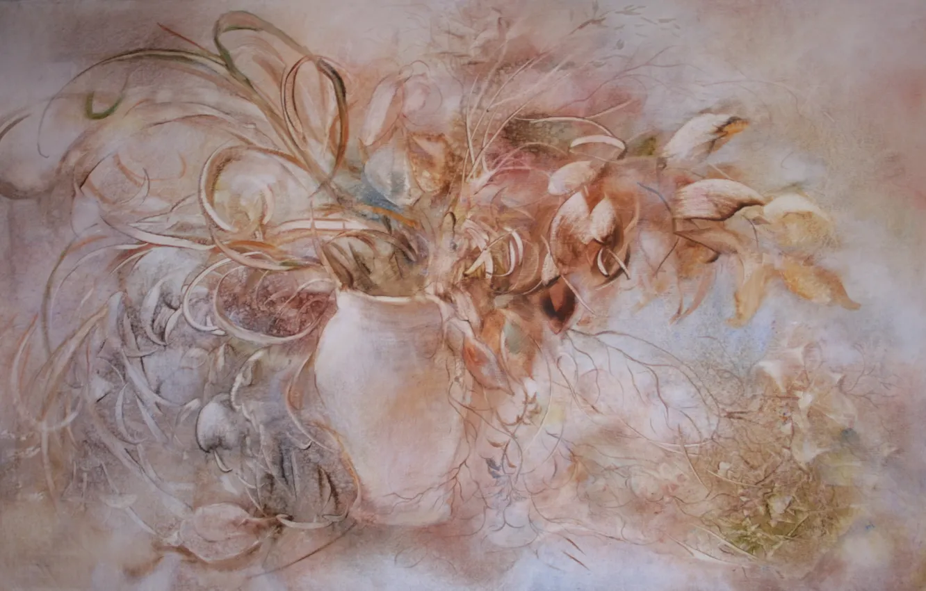 Photo wallpaper flowers, picture, vase, Still life, Sfumato, gift painting, Petrenko Svetlana, pink grey background