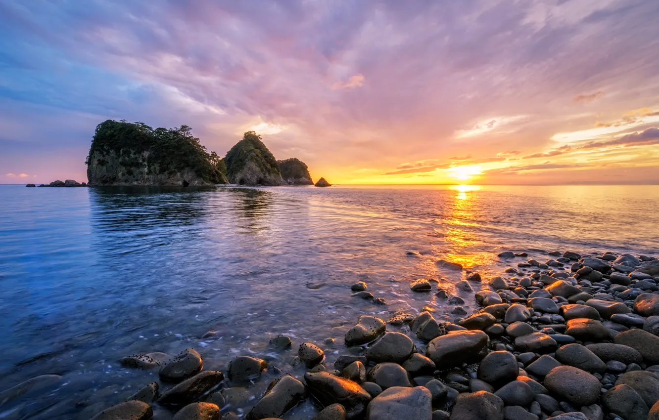 Photo wallpaper sea, beach, clouds, sunset, reflection, rocks, the evening, beach