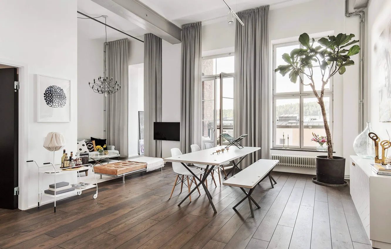 Photo wallpaper interior, living room, dining room, Scandinavian style, Apartment in Stockholm