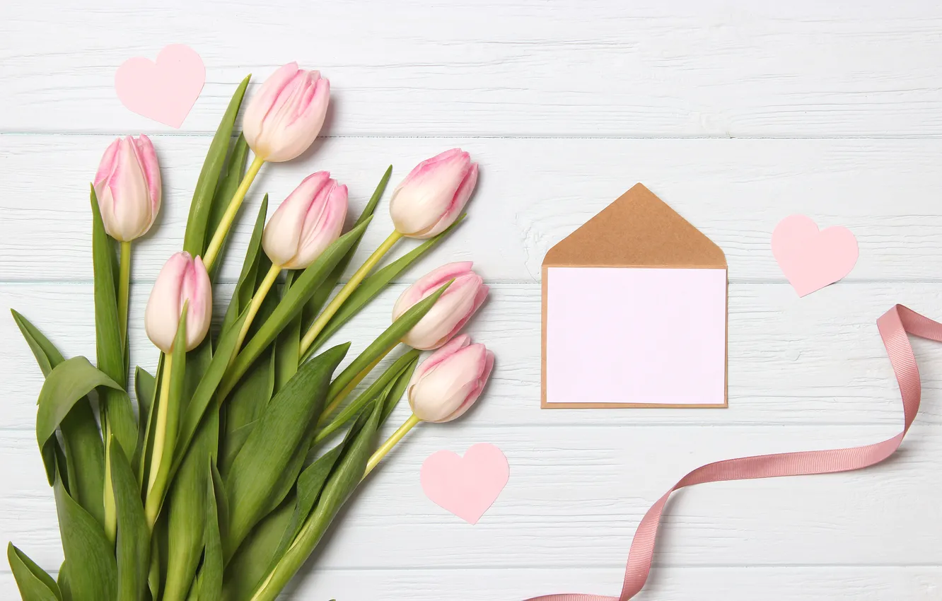 Photo wallpaper flowers, gift, bouquet, tulips, pink, wood, pink, flowers