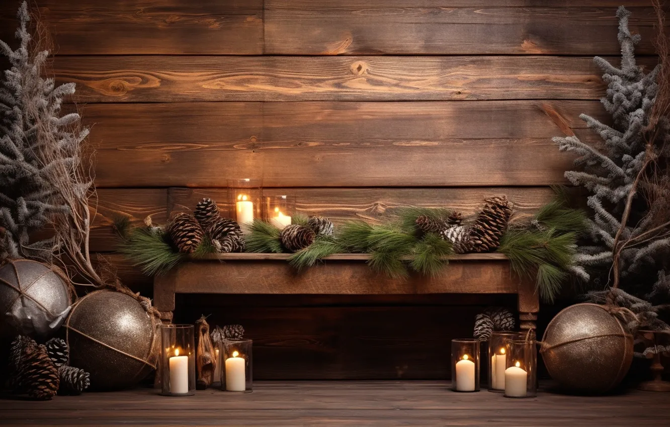 Photo wallpaper decoration, balls, new year, Christmas, Christmas, balls, wood, New Year