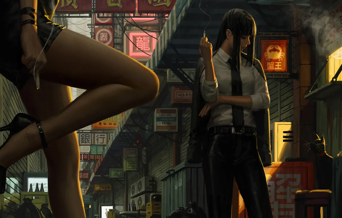 Photo wallpaper girls, art, digital art, artwork, Guweiz, smoking girl, Japanese city