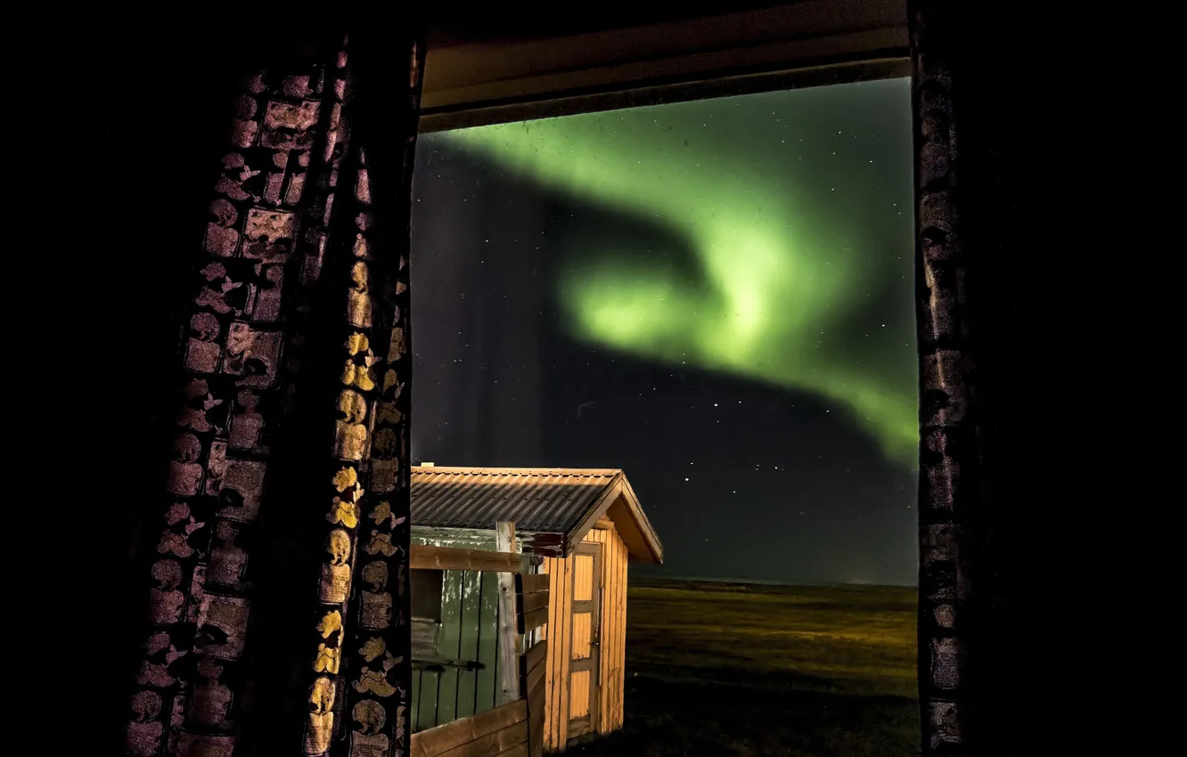 Photo wallpaper stars, night, Northern lights, window, Aurora Borealis