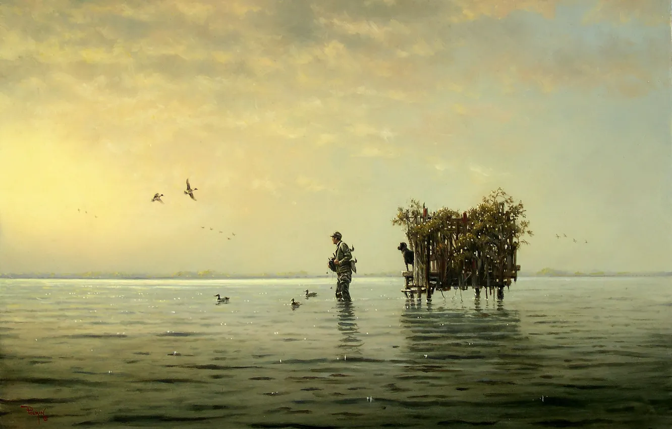 Photo wallpaper lake, figure, dog, picture, reproduction, hunter, Kyle, Polzin