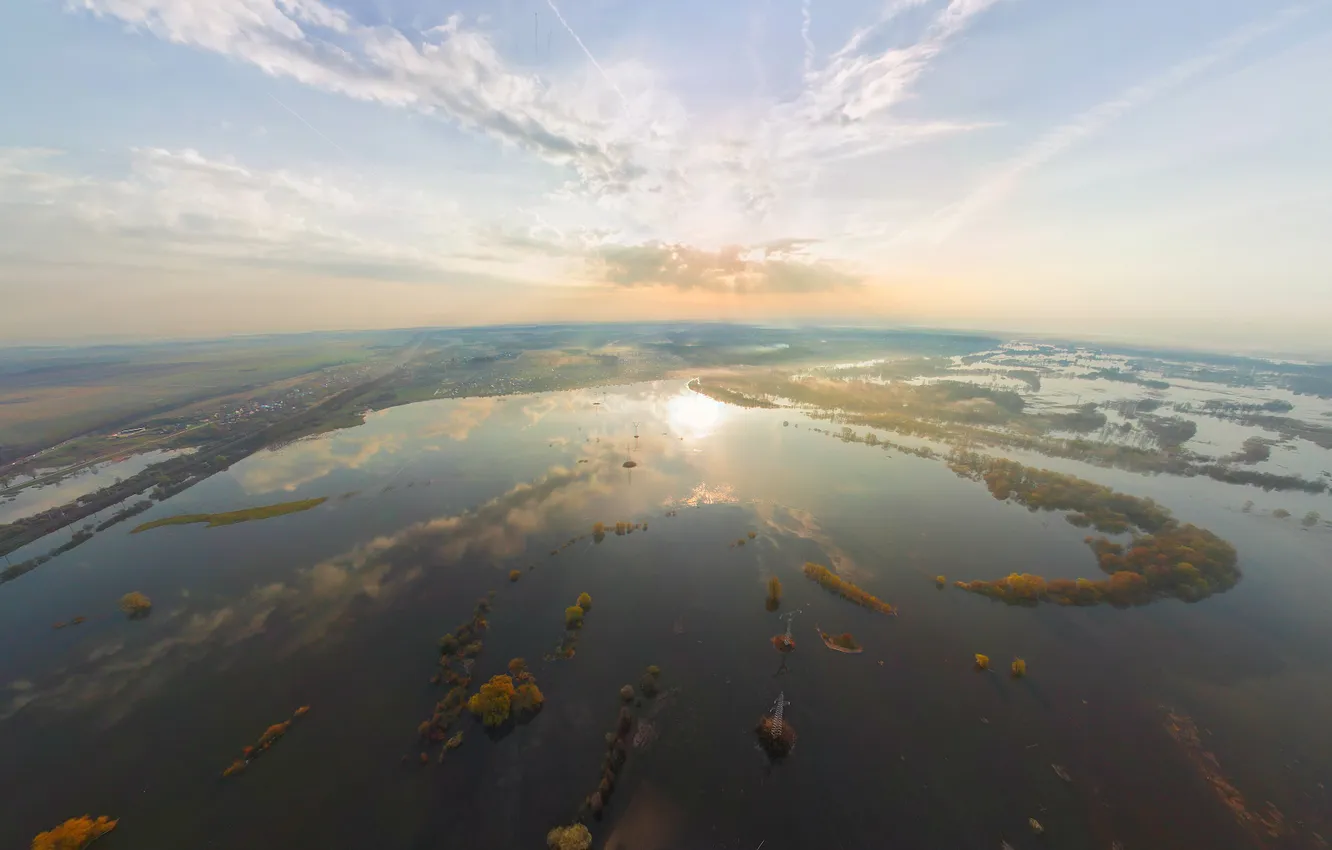 Photo wallpaper the sun, rays, river, horizon, spill, Klyazma, Nerl