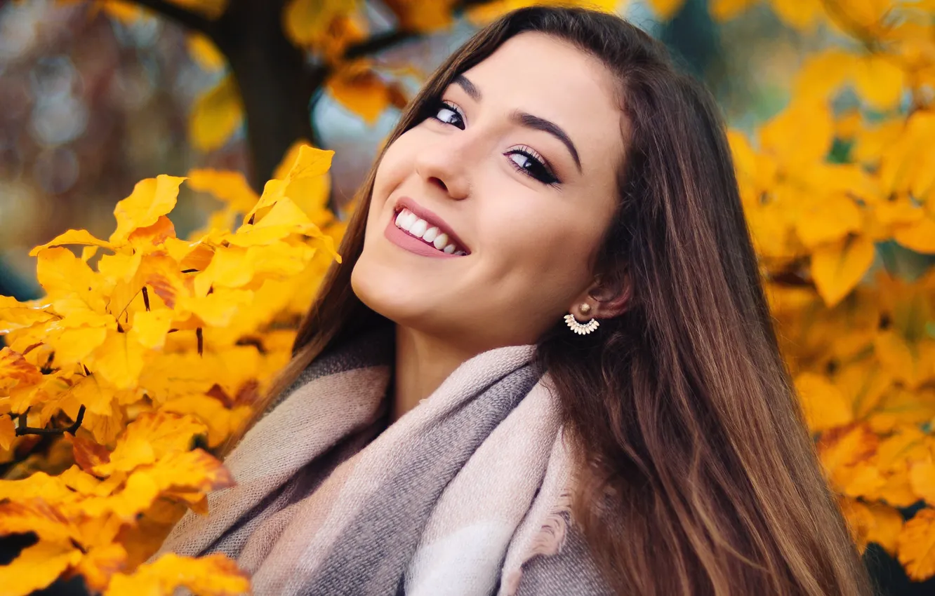Photo wallpaper autumn, look, girl, branches, smile, Park, foliage, portrait
