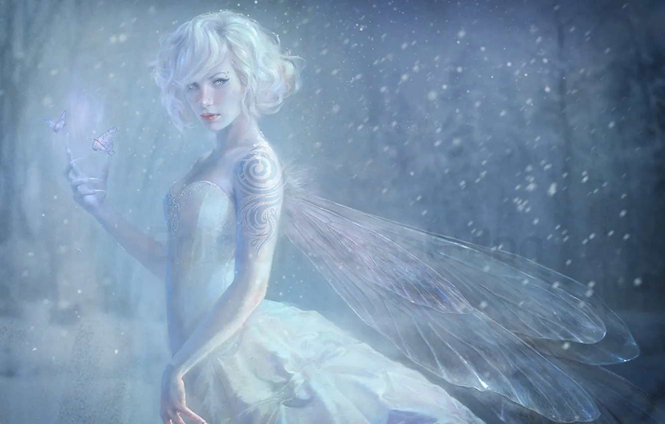 Photo wallpaper girl, snow, pattern, butterfly, wings, fairy, tattoo, claws