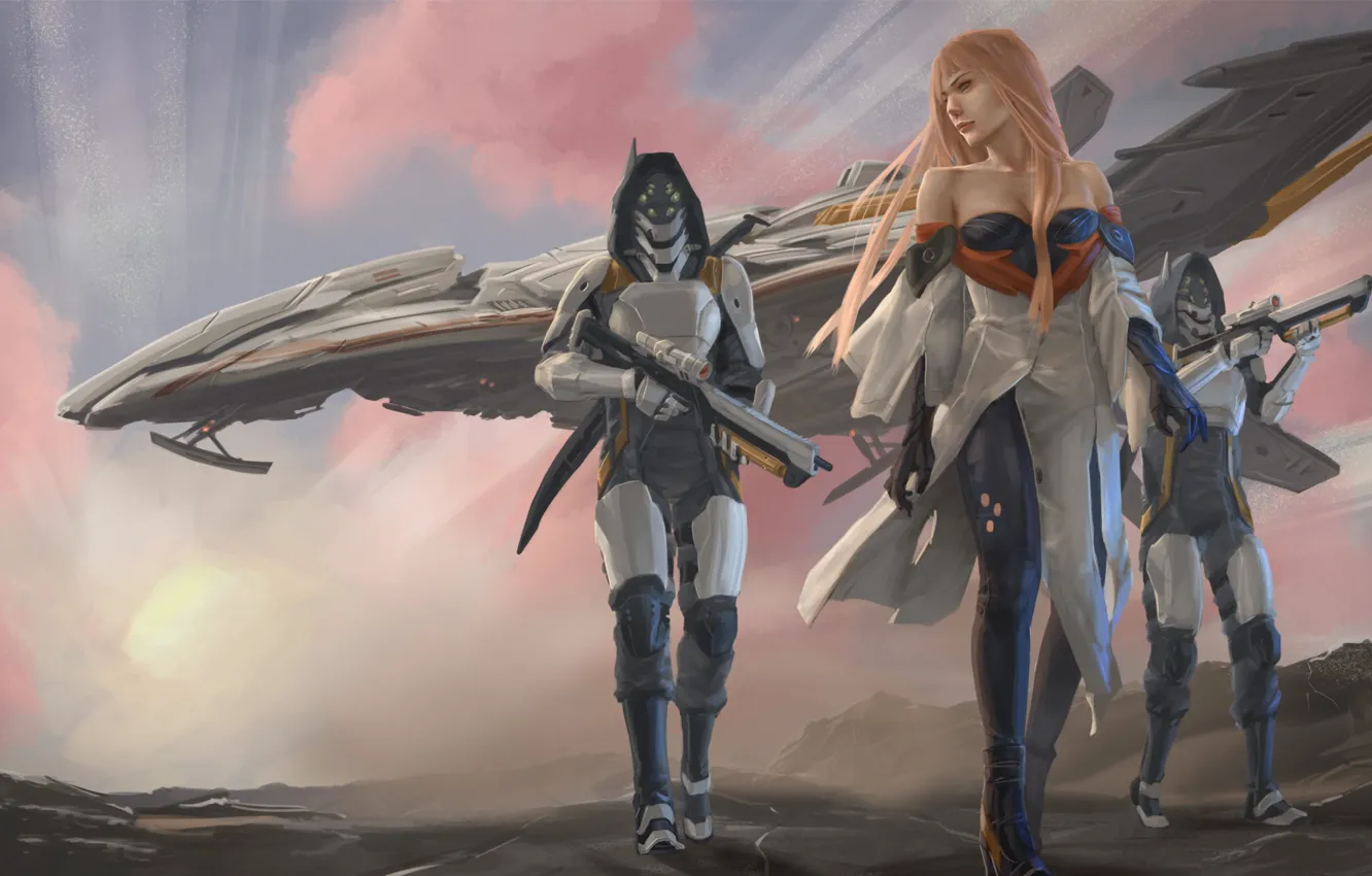 Photo wallpaper girl, fiction, ship, art, soldiers