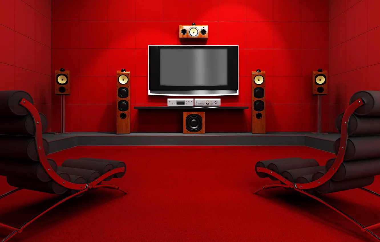 Photo wallpaper red, room, dynamics, monitor
