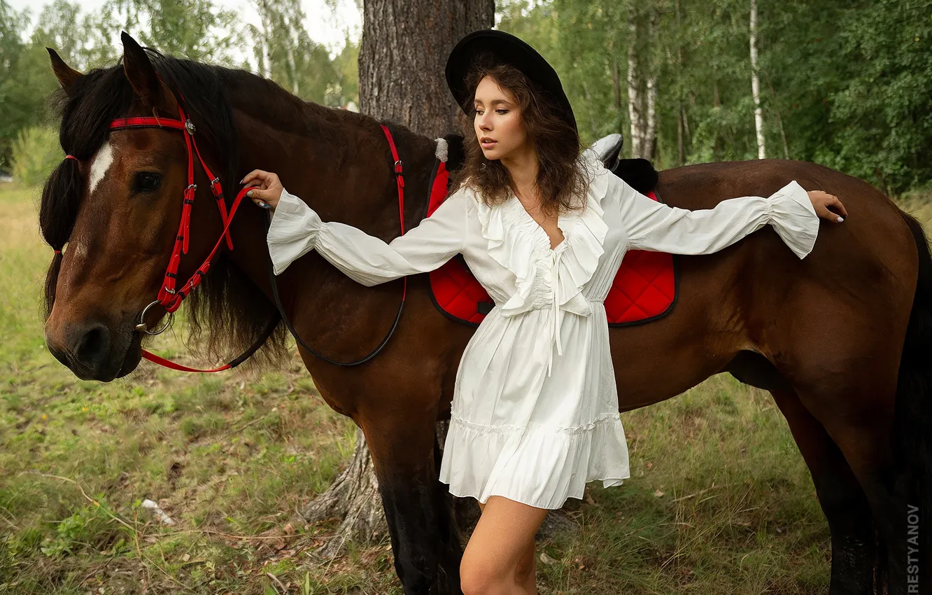 Photo wallpaper girl, pose, horse, horse, hat, hands, dress, Evgeniy Krestyanov
